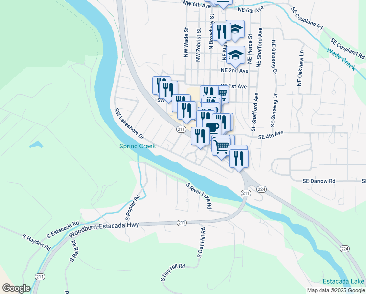 map of restaurants, bars, coffee shops, grocery stores, and more near 505 Southwest Dogwood Road in Estacada
