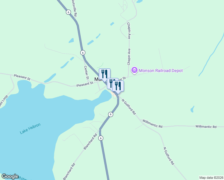 map of restaurants, bars, coffee shops, grocery stores, and more near 74 Water Street in Monson
