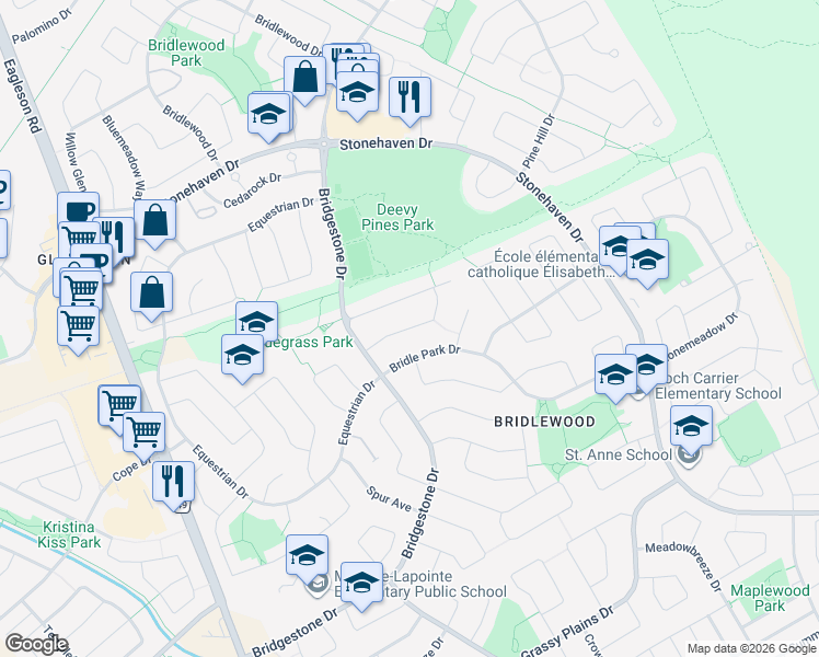 map of restaurants, bars, coffee shops, grocery stores, and more near Kingbrook Drive in Ottawa