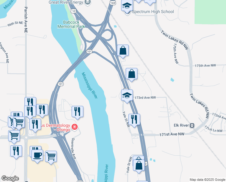 map of restaurants, bars, coffee shops, grocery stores, and more near 17354 Zane Street Northwest in Elk River