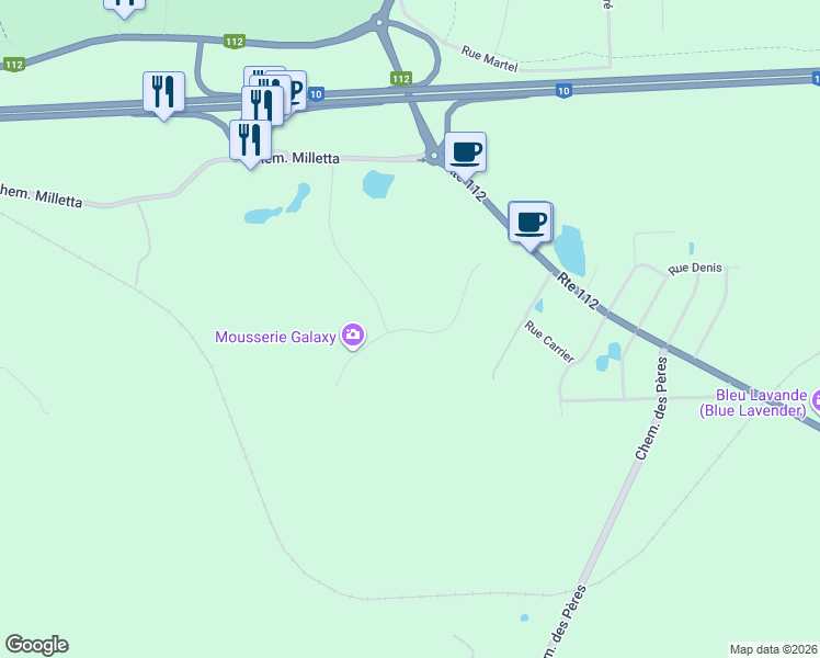 map of restaurants, bars, coffee shops, grocery stores, and more near Rue des Galets in Magog
