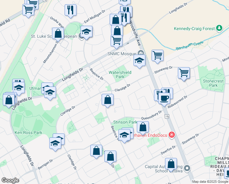 map of restaurants, bars, coffee shops, grocery stores, and more near 120 Claridge Drive in Ottawa