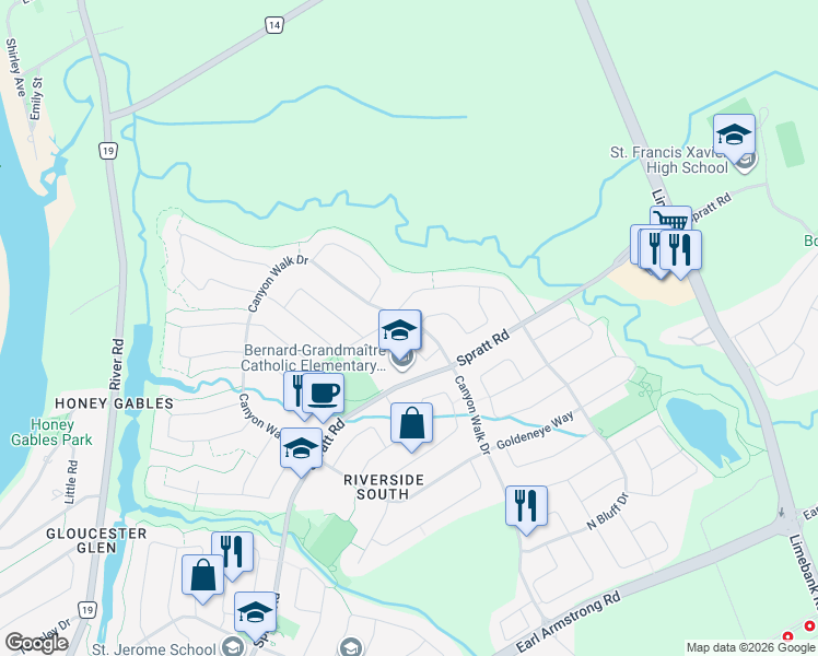 map of restaurants, bars, coffee shops, grocery stores, and more near 4031 Canyon Walk Drive in Ottawa