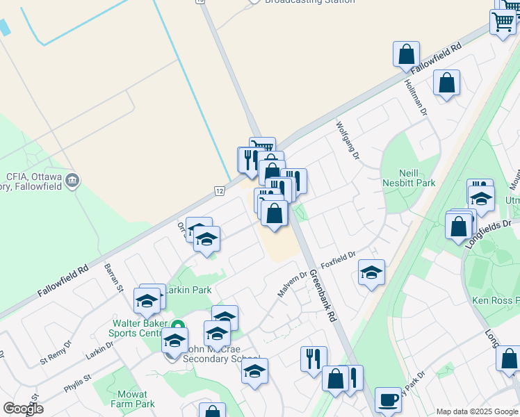 map of restaurants, bars, coffee shops, grocery stores, and more near in Ottawa