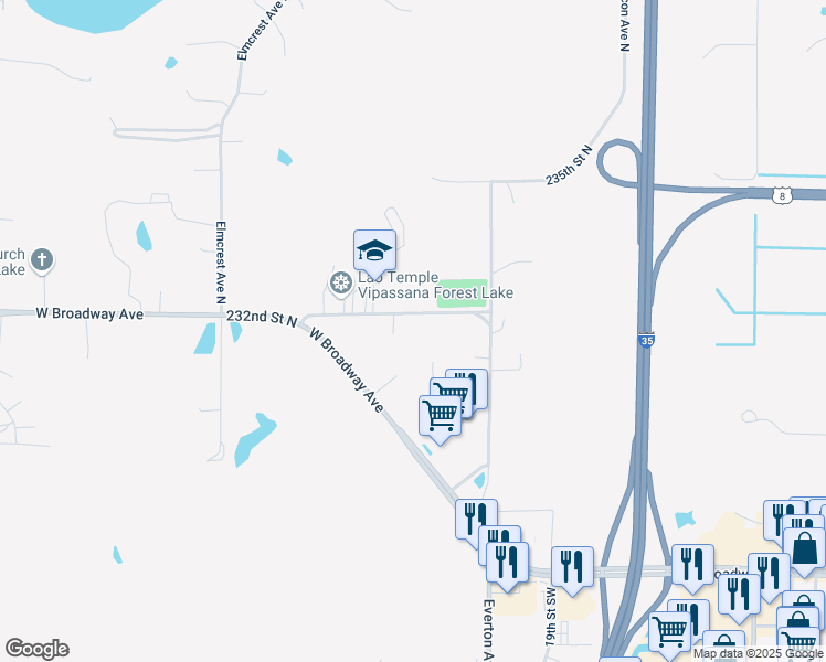 map of restaurants, bars, coffee shops, grocery stores, and more near 4647 232nd Street North in Forest Lake