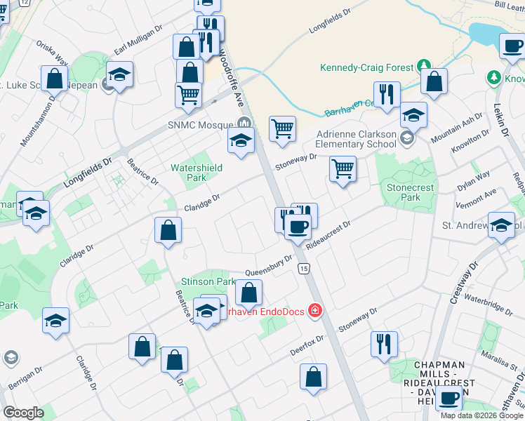 map of restaurants, bars, coffee shops, grocery stores, and more near 18 Longshire Circle in Ottawa