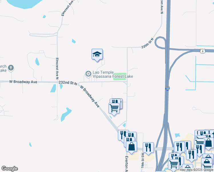 map of restaurants, bars, coffee shops, grocery stores, and more near 4647 232nd Street North in Forest Lake