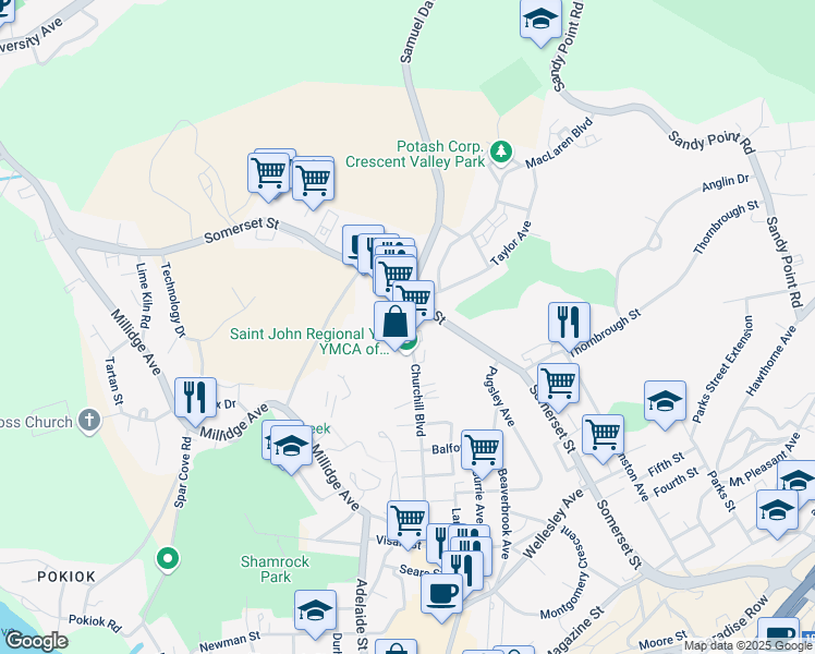 map of restaurants, bars, coffee shops, grocery stores, and more near Churchill Boulevard in Saint John