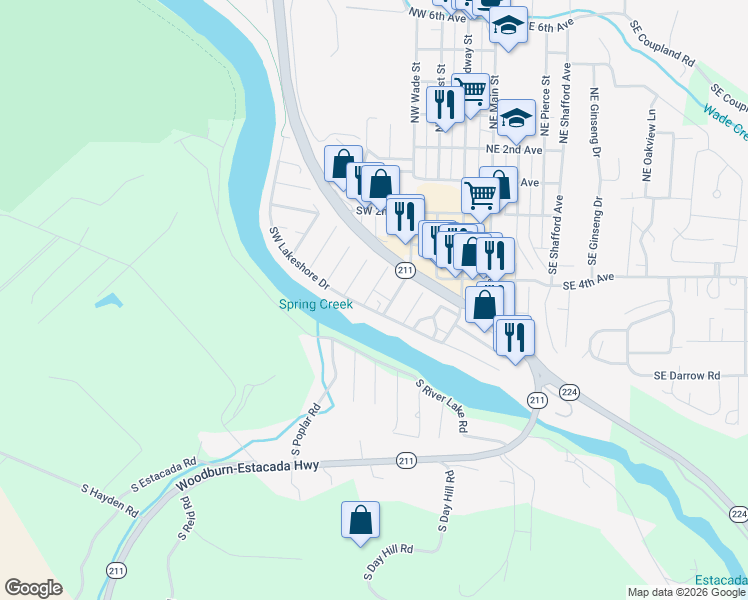 map of restaurants, bars, coffee shops, grocery stores, and more near 483 Southwest Lakeshore Drive in Estacada