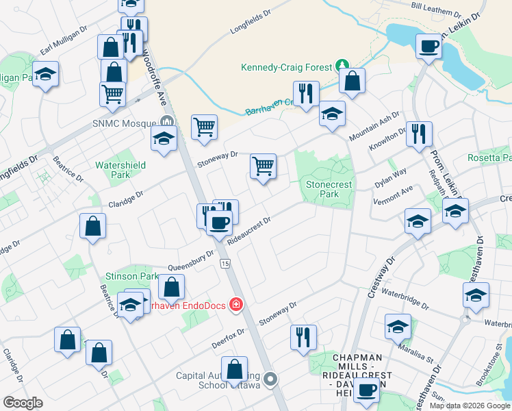map of restaurants, bars, coffee shops, grocery stores, and more near Locheland Crescent in Ottawa