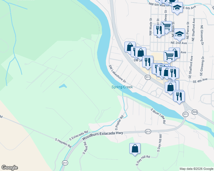 map of restaurants, bars, coffee shops, grocery stores, and more near 25420 South River Lake Road in Estacada