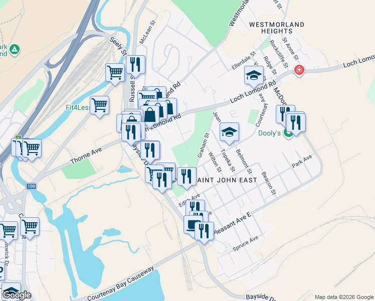 map of restaurants, bars, coffee shops, grocery stores, and more near 39 Graham Street in Saint John