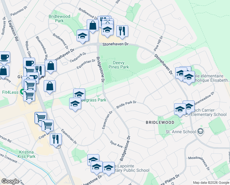 map of restaurants, bars, coffee shops, grocery stores, and more near 430 Foxhall Way in Ottawa