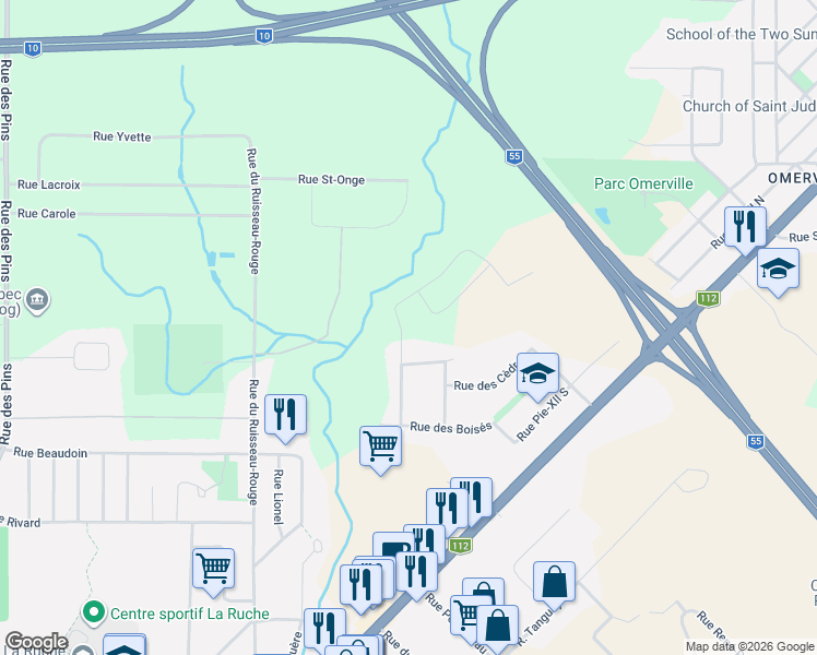 map of restaurants, bars, coffee shops, grocery stores, and more near 96 Rue des Peupliers in Magog