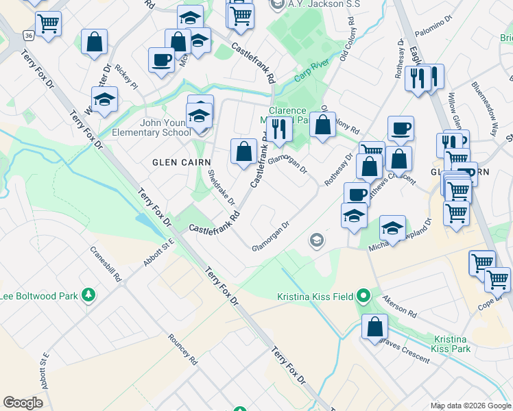 map of restaurants, bars, coffee shops, grocery stores, and more near 25 Uxbridge Crescent in Ottawa