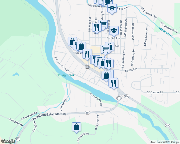 map of restaurants, bars, coffee shops, grocery stores, and more near 505 Southwest Dogwood Road in Estacada