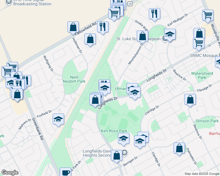 map of restaurants, bars, coffee shops, grocery stores, and more near 517 Via Mattino Way in Ottawa