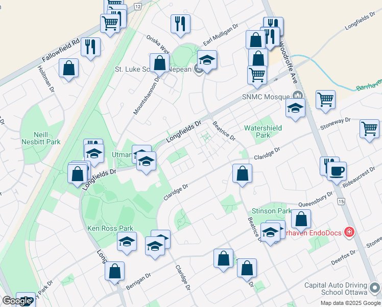 map of restaurants, bars, coffee shops, grocery stores, and more near 323 Twinflower Way in Ottawa