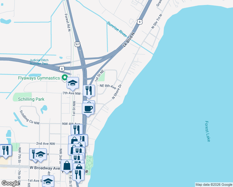 map of restaurants, bars, coffee shops, grocery stores, and more near 755 North Shore Drive in Forest Lake