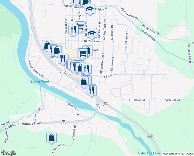 map of restaurants, bars, coffee shops, grocery stores, and more near 408 Southeast Currin Street in Estacada