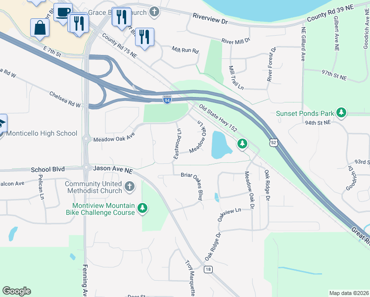 map of restaurants, bars, coffee shops, grocery stores, and more near 2551 Meadow Oak Lane in Monticello