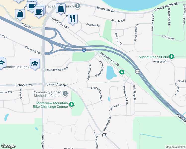 map of restaurants, bars, coffee shops, grocery stores, and more near 2551 Meadow Oak Lane in Monticello