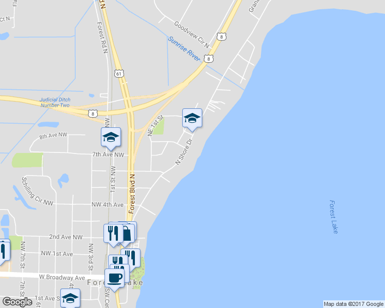 map of restaurants, bars, coffee shops, grocery stores, and more near 755 North Shore Drive in Forest Lake