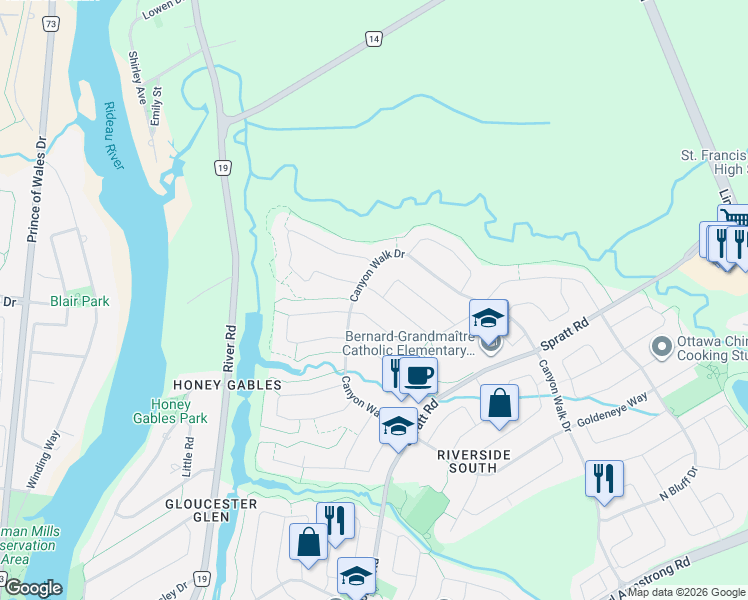 map of restaurants, bars, coffee shops, grocery stores, and more near 751 Vermillion Drive in Ottawa