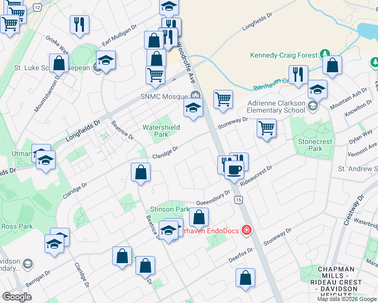 map of restaurants, bars, coffee shops, grocery stores, and more near 229 Longshire Circle in Ottawa