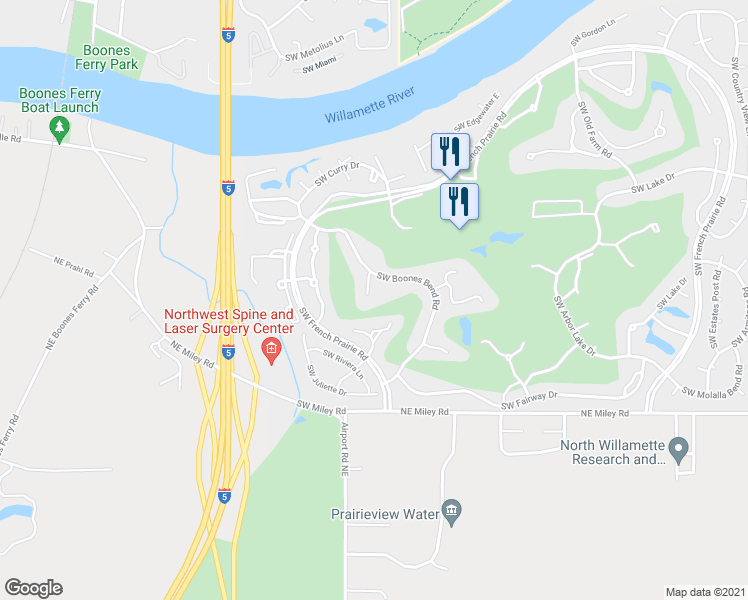 map of restaurants, bars, coffee shops, grocery stores, and more near 32229 Southwest Boones Bend Road in Wilsonville