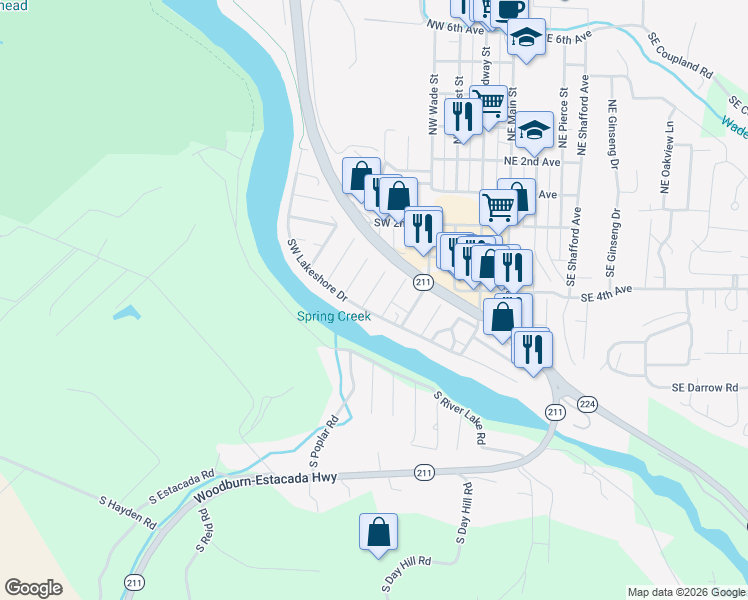 map of restaurants, bars, coffee shops, grocery stores, and more near 476 Southwest Grove Road in Estacada