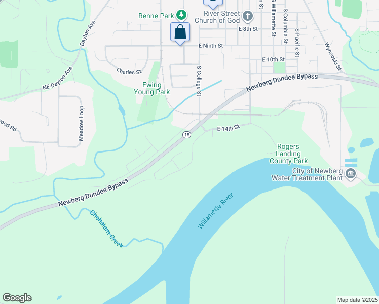 map of restaurants, bars, coffee shops, grocery stores, and more near 1612 South Waterfront Street in Newberg