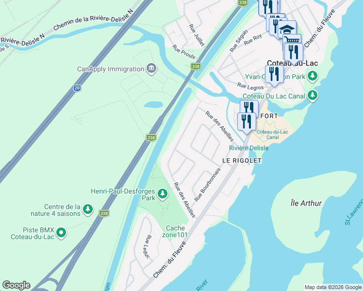 map of restaurants, bars, coffee shops, grocery stores, and more near 77 Rue des Abeilles in Coteau-du-Lac