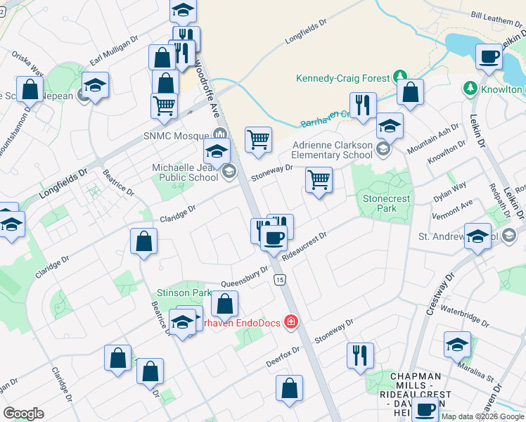 map of restaurants, bars, coffee shops, grocery stores, and more near 65 Locheland Crescent in Ottawa