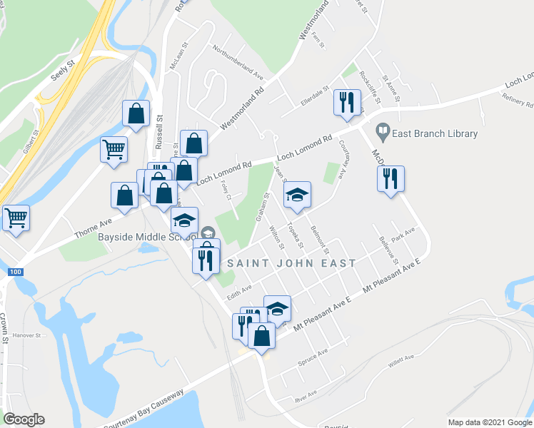 map of restaurants, bars, coffee shops, grocery stores, and more near 7 Wilton Street in Saint John