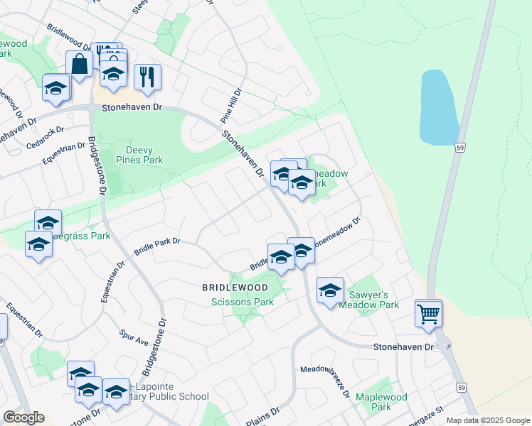 map of restaurants, bars, coffee shops, grocery stores, and more near 17 Thunderbird Crescent in Ottawa