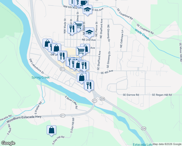 map of restaurants, bars, coffee shops, grocery stores, and more near 408 Southeast Currin Street in Estacada