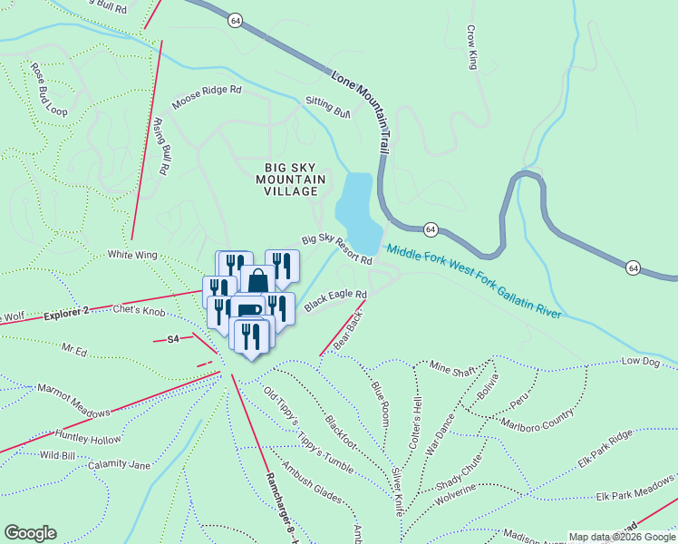 map of restaurants, bars, coffee shops, grocery stores, and more near 62 Running Bear Road in Big Sky