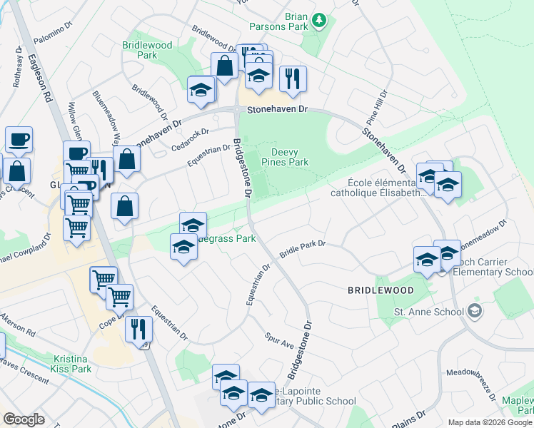 map of restaurants, bars, coffee shops, grocery stores, and more near 421 Foxhall Way in Ottawa