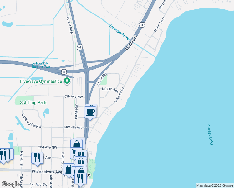 map of restaurants, bars, coffee shops, grocery stores, and more near 146 Birch Drive in Forest Lake
