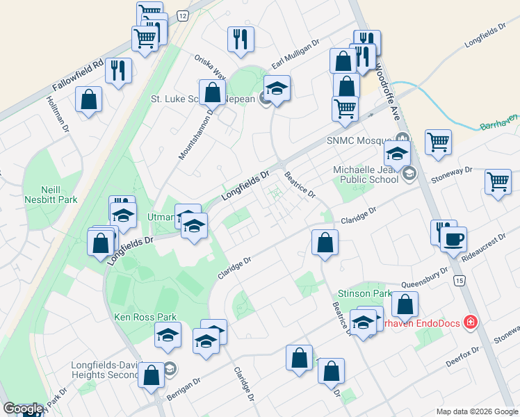 map of restaurants, bars, coffee shops, grocery stores, and more near 16 Kilbarron Road in Ottawa