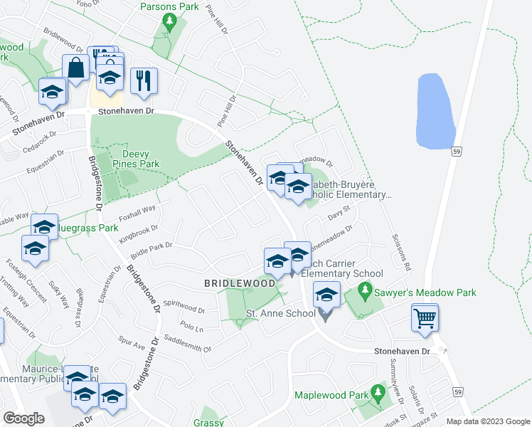 map of restaurants, bars, coffee shops, grocery stores, and more near 17 Thunderbird Crescent in Ottawa