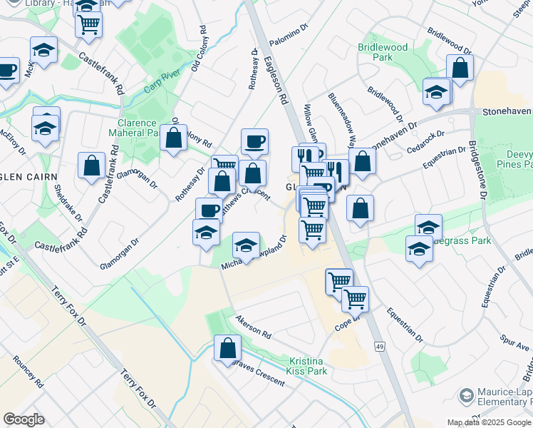 map of restaurants, bars, coffee shops, grocery stores, and more near 1 Terence Matthews Crescent in Ottawa