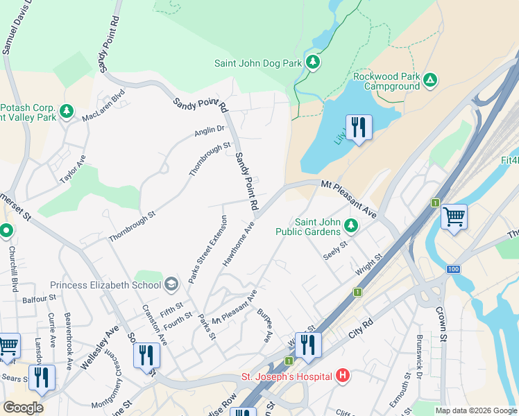 map of restaurants, bars, coffee shops, grocery stores, and more near 1 Sandy Point Road in Saint John