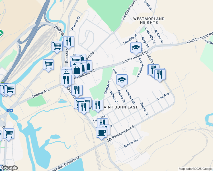 map of restaurants, bars, coffee shops, grocery stores, and more near 7 Wilton Street in Saint John