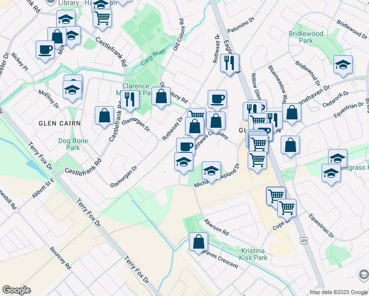 map of restaurants, bars, coffee shops, grocery stores, and more near 200 A Terence Matthews Crescent in Ottawa