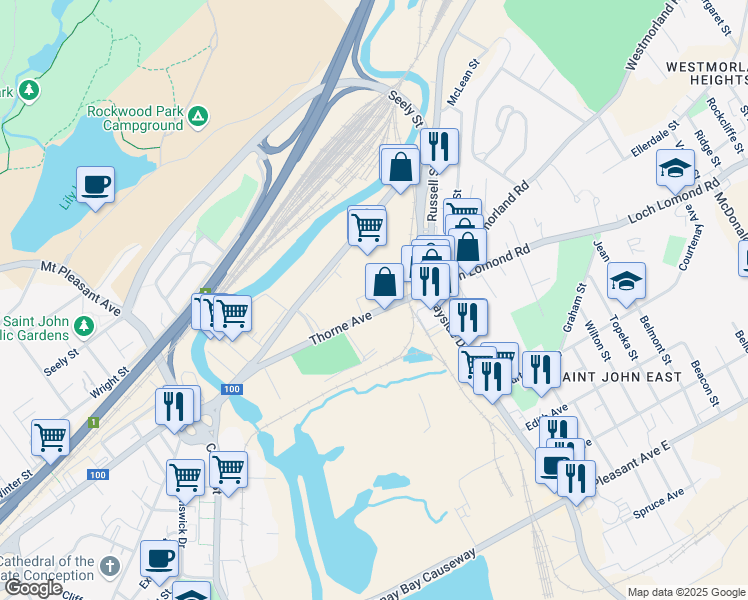map of restaurants, bars, coffee shops, grocery stores, and more near 225 Thorne Ave in St John