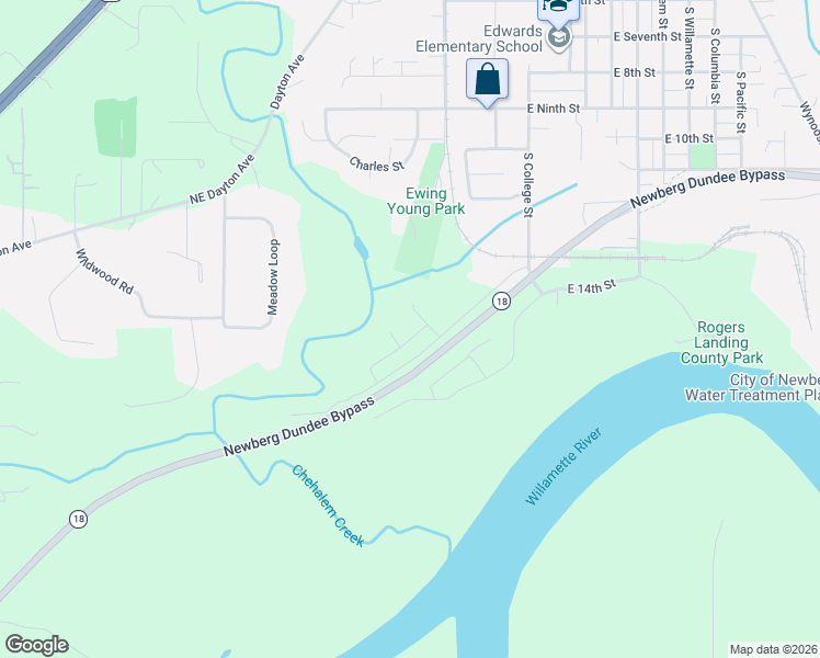 map of restaurants, bars, coffee shops, grocery stores, and more near 293 East Wayno Way in Newberg