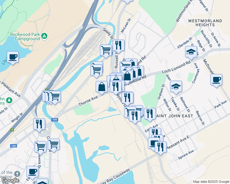 map of restaurants, bars, coffee shops, grocery stores, and more near 4 Bayside Drive in Saint John