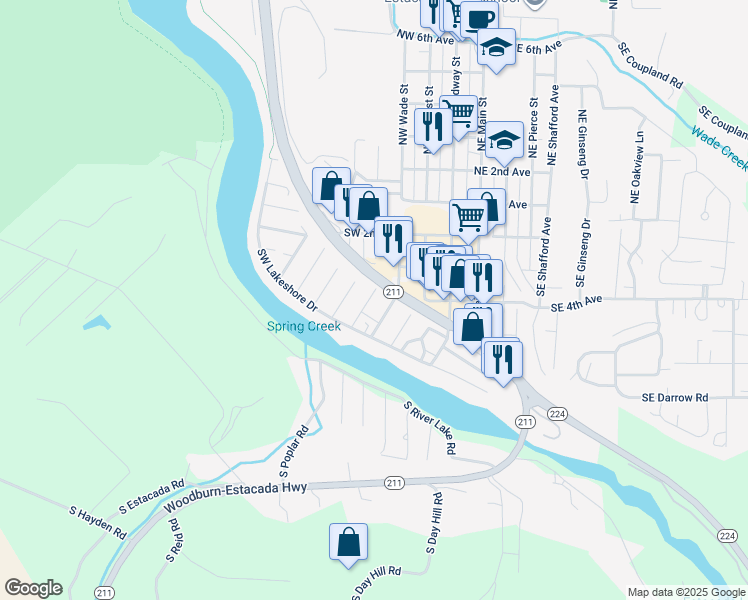 map of restaurants, bars, coffee shops, grocery stores, and more near 418 Southwest Forest Road in Estacada